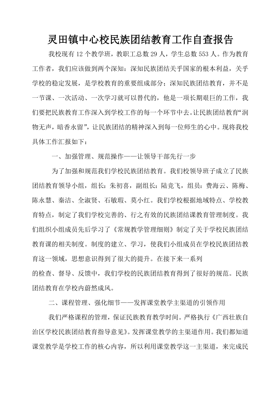 中心校民族团结教育工作自查报告.doc_第1页