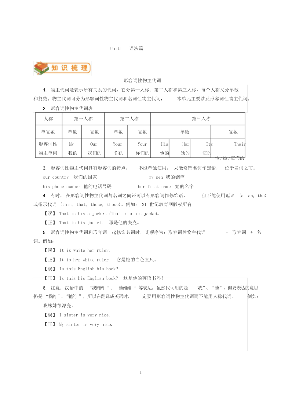 人教版初一上册英语第一单元unit1语法篇.doc_第1页