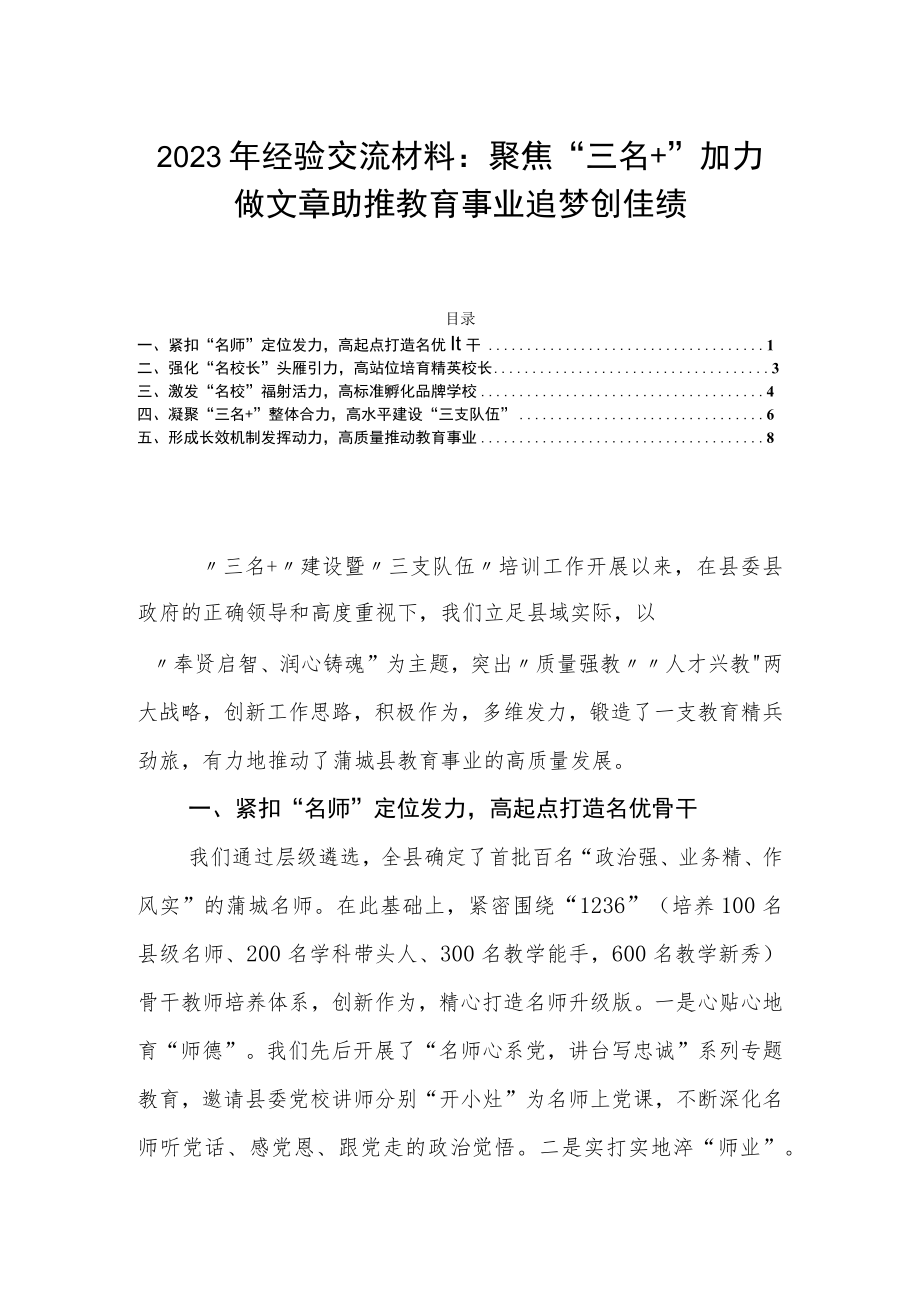 2023年经验交流材料：聚焦“三名＋”加力做文章助推教育事业追梦创佳绩.docx_第1页