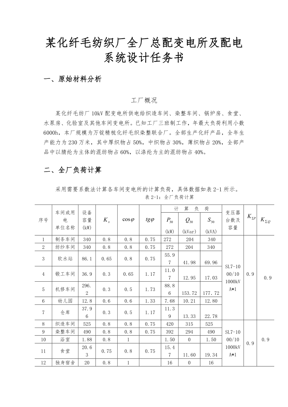 某化纤毛纺织厂全厂总配变电所与配电系统设计任务书.docx_第1页