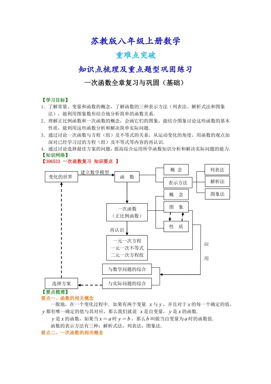 苏教版八年级上册数学一次函数全章复习与巩固.doc_第1页