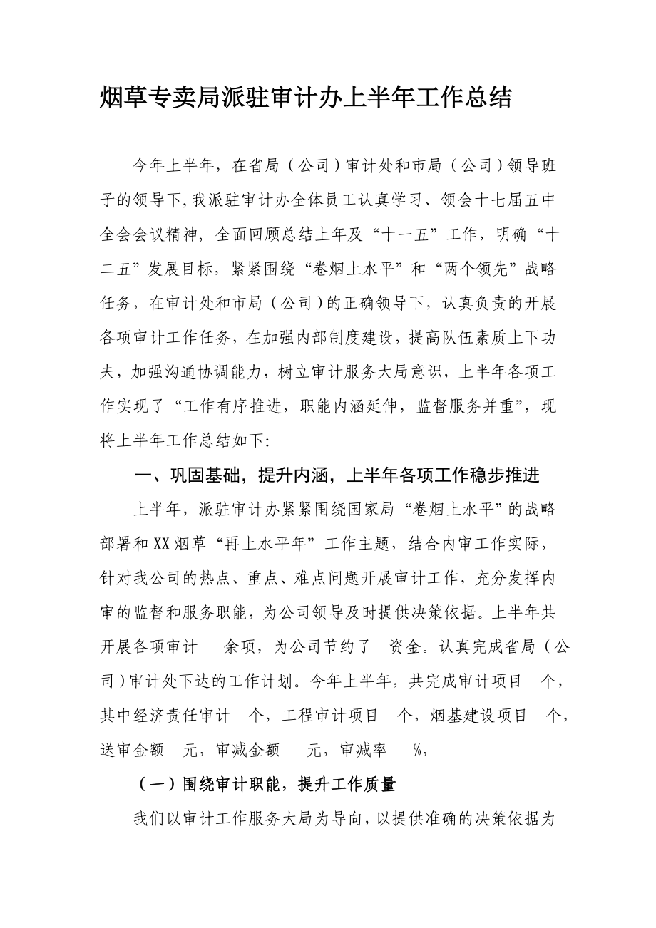 烟草专卖局派驻审计办上半工作总结.doc_第1页