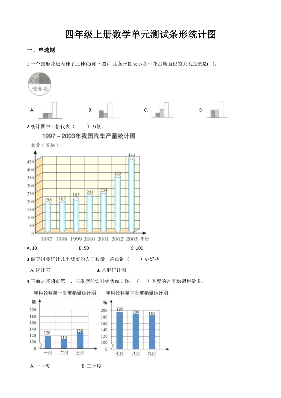 人教新版四年级上册数学单元测试条形统计图-(含答案).docx_第1页