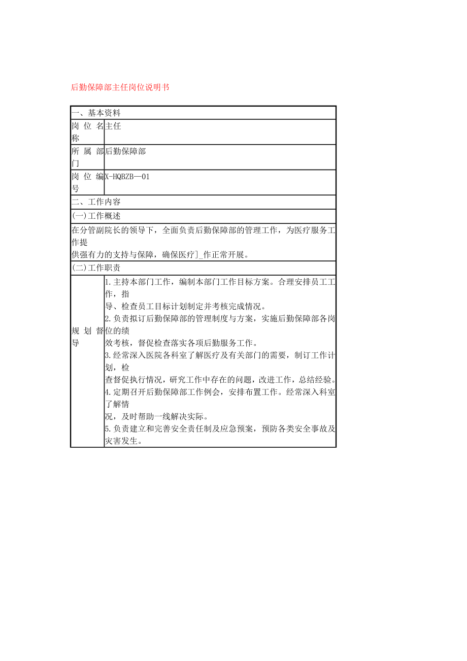 后勤保障部主任岗位说明书.doc_第1页