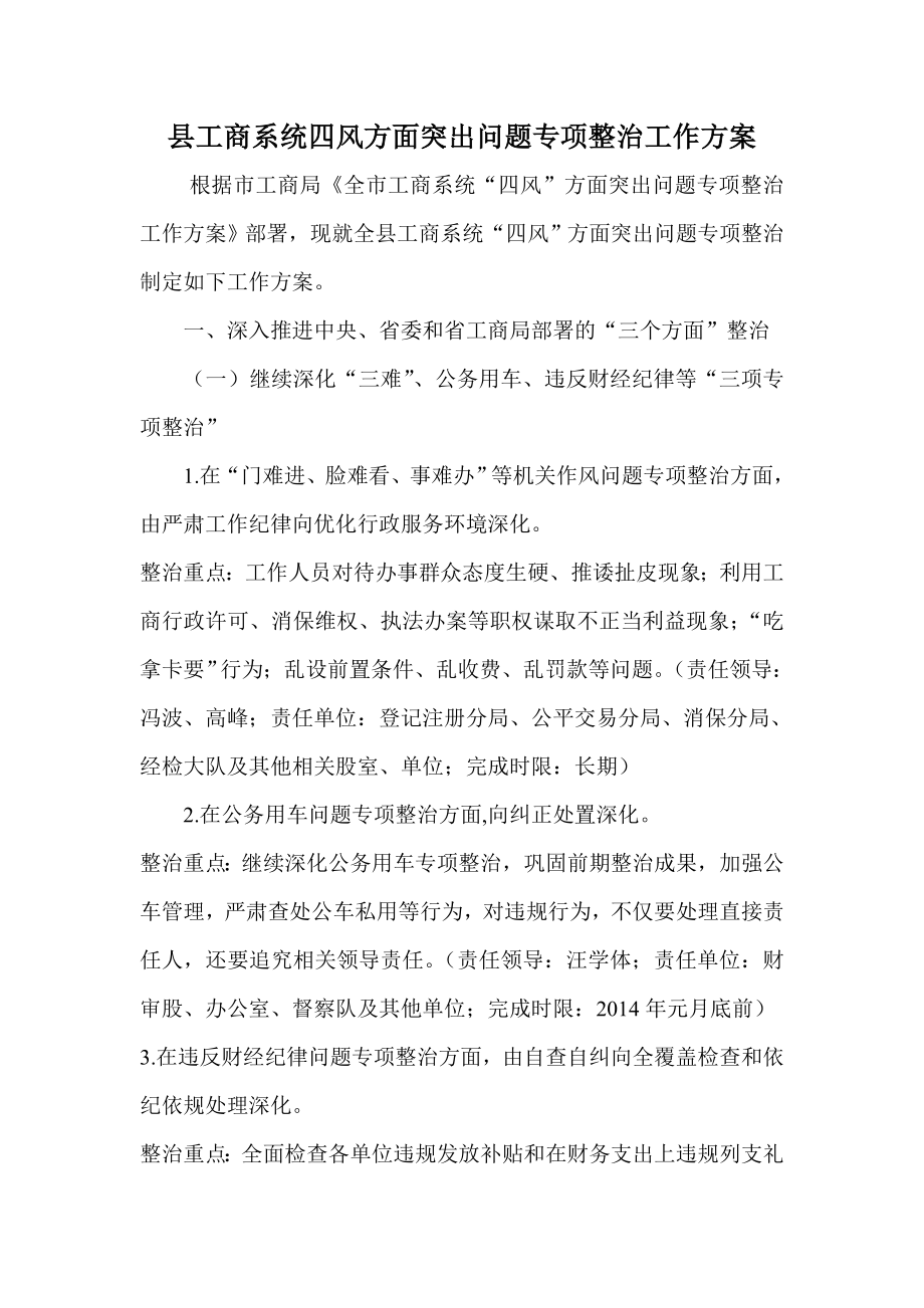 县工商系统四风方面突出问题专项整治工作方案.doc_第1页