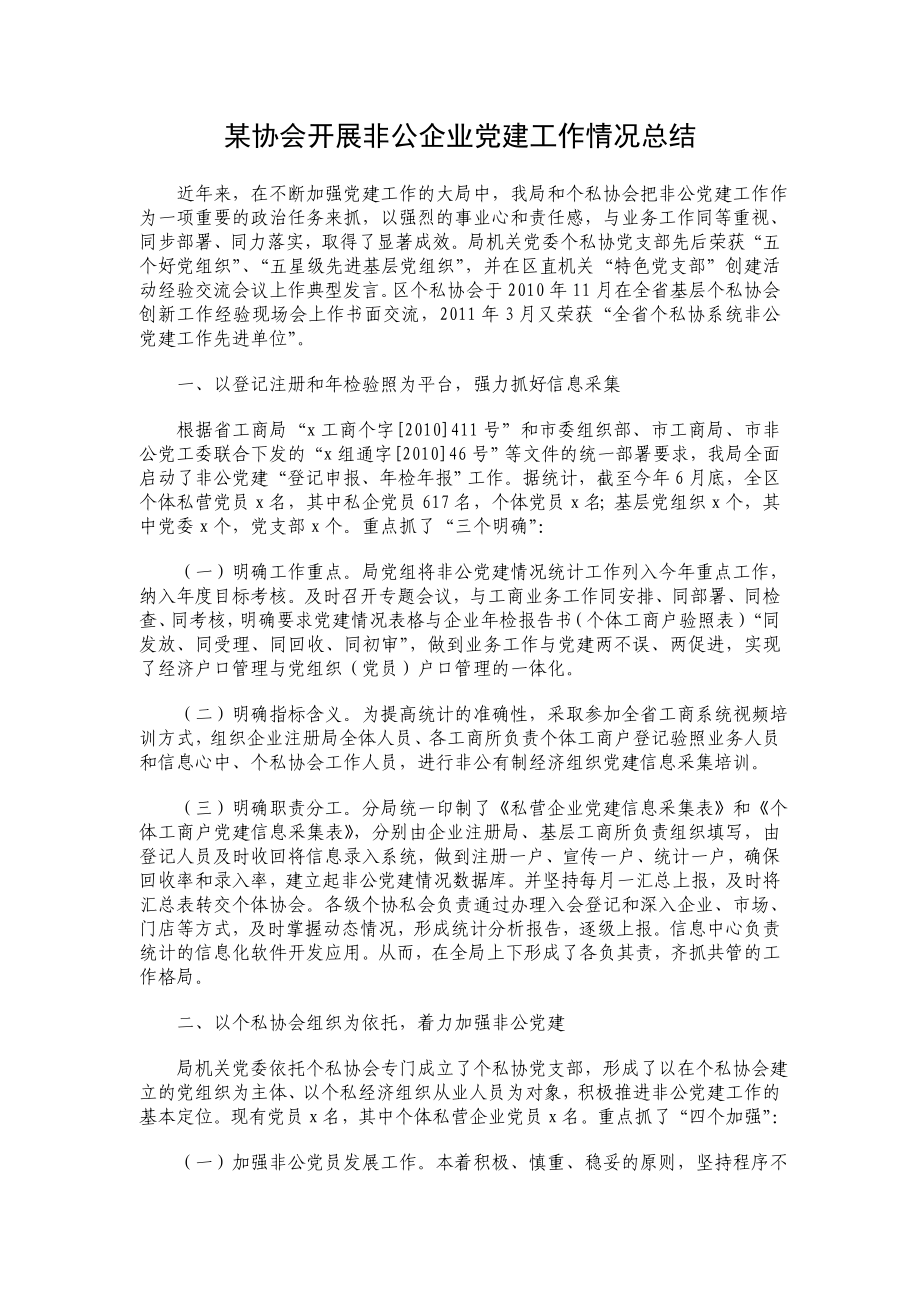 某协会开展非公企业党建工作情况总结.doc_第1页