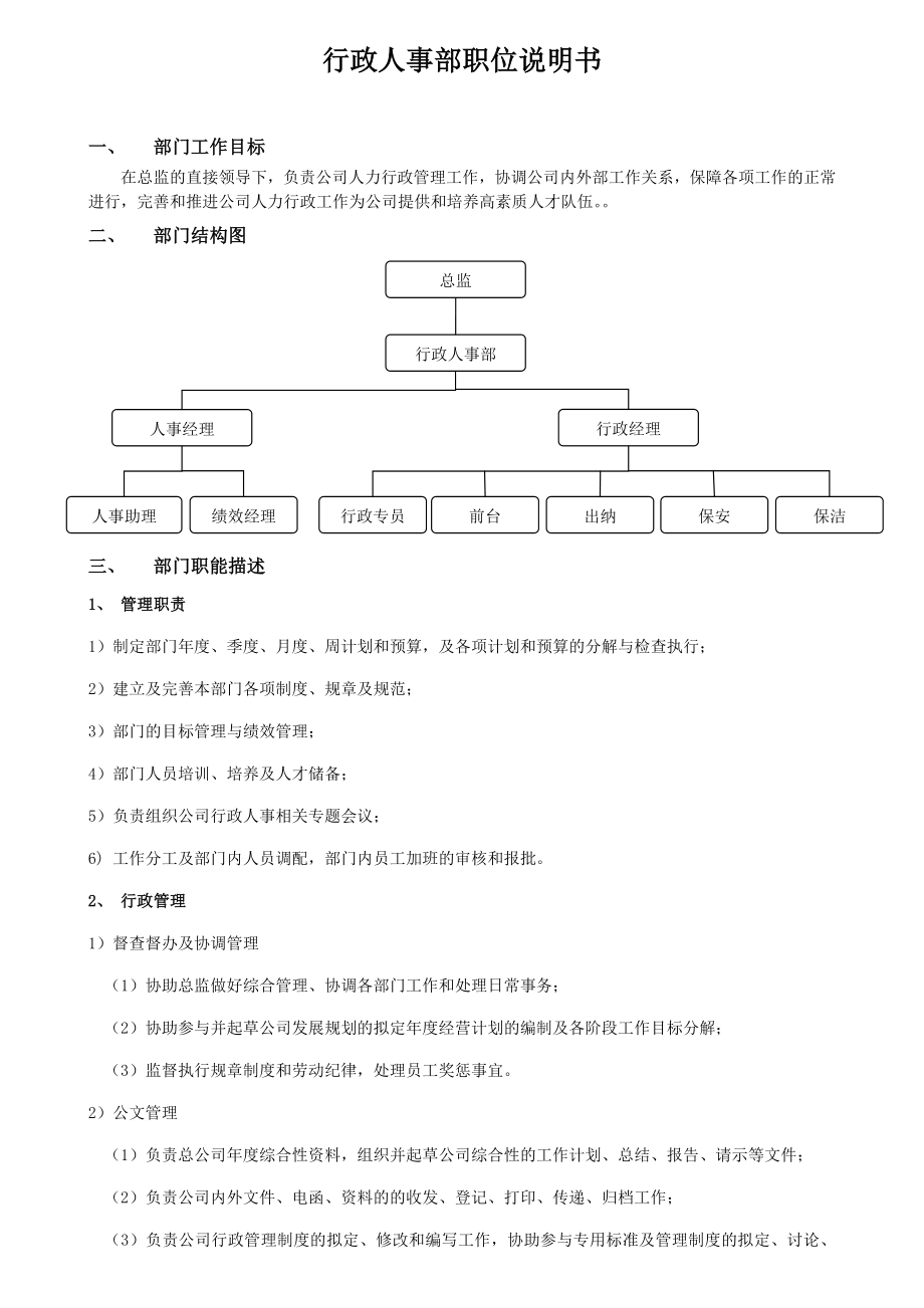 行政人事部岗位说明书.doc_第1页