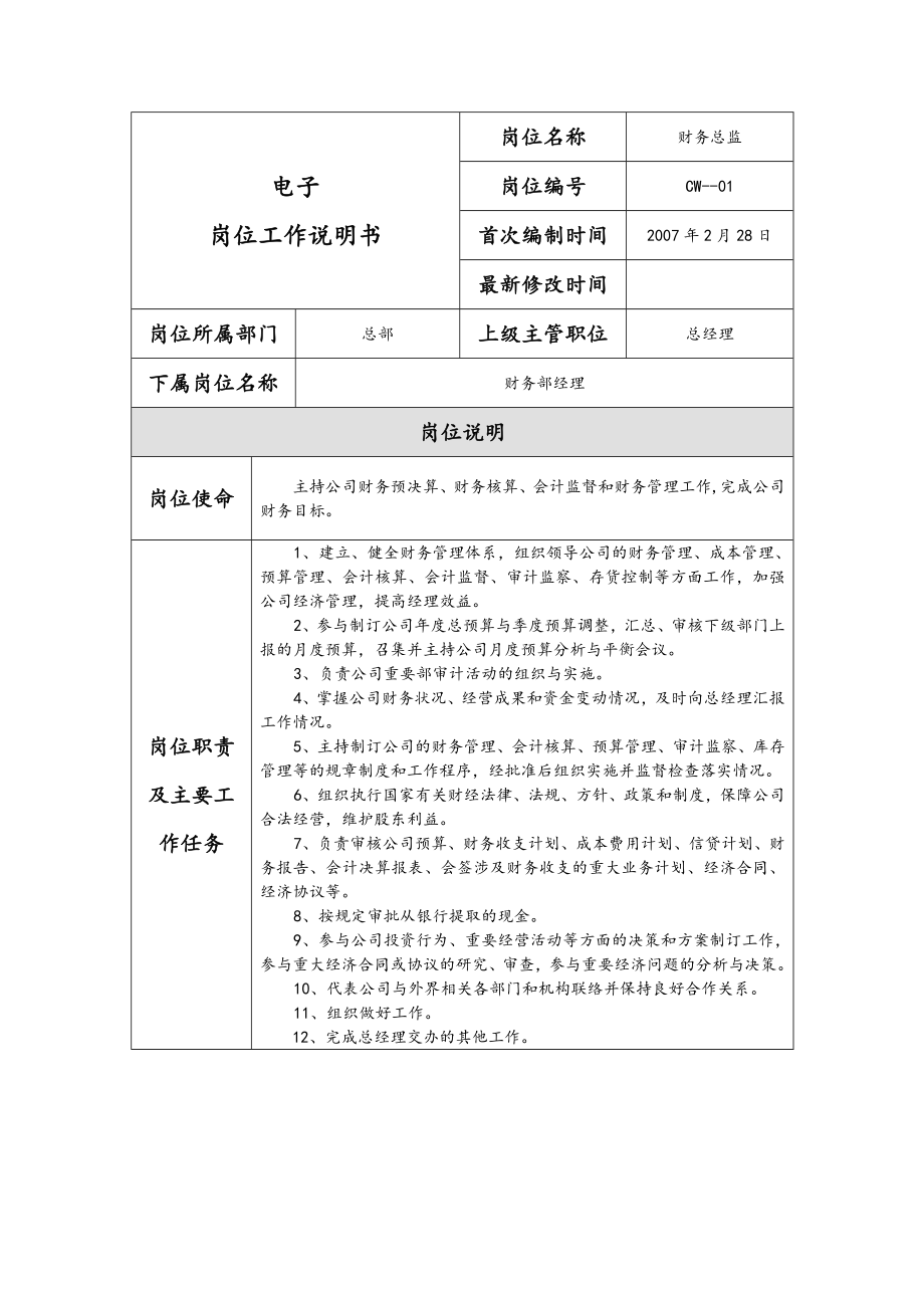 财务部岗位工作说明书.doc_第1页