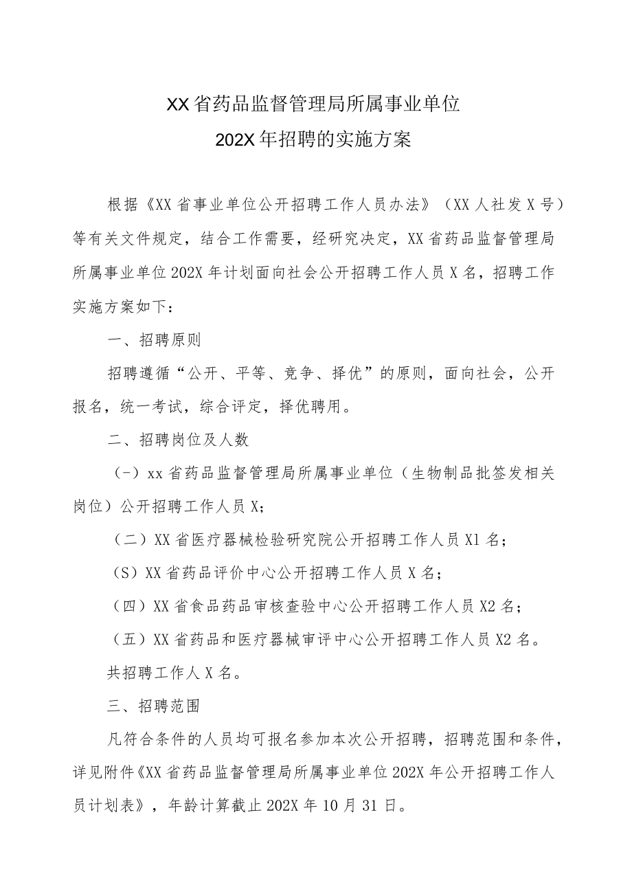 XX省药品监督管理局所属事业单位202X年招聘的实施方案.docx_第1页