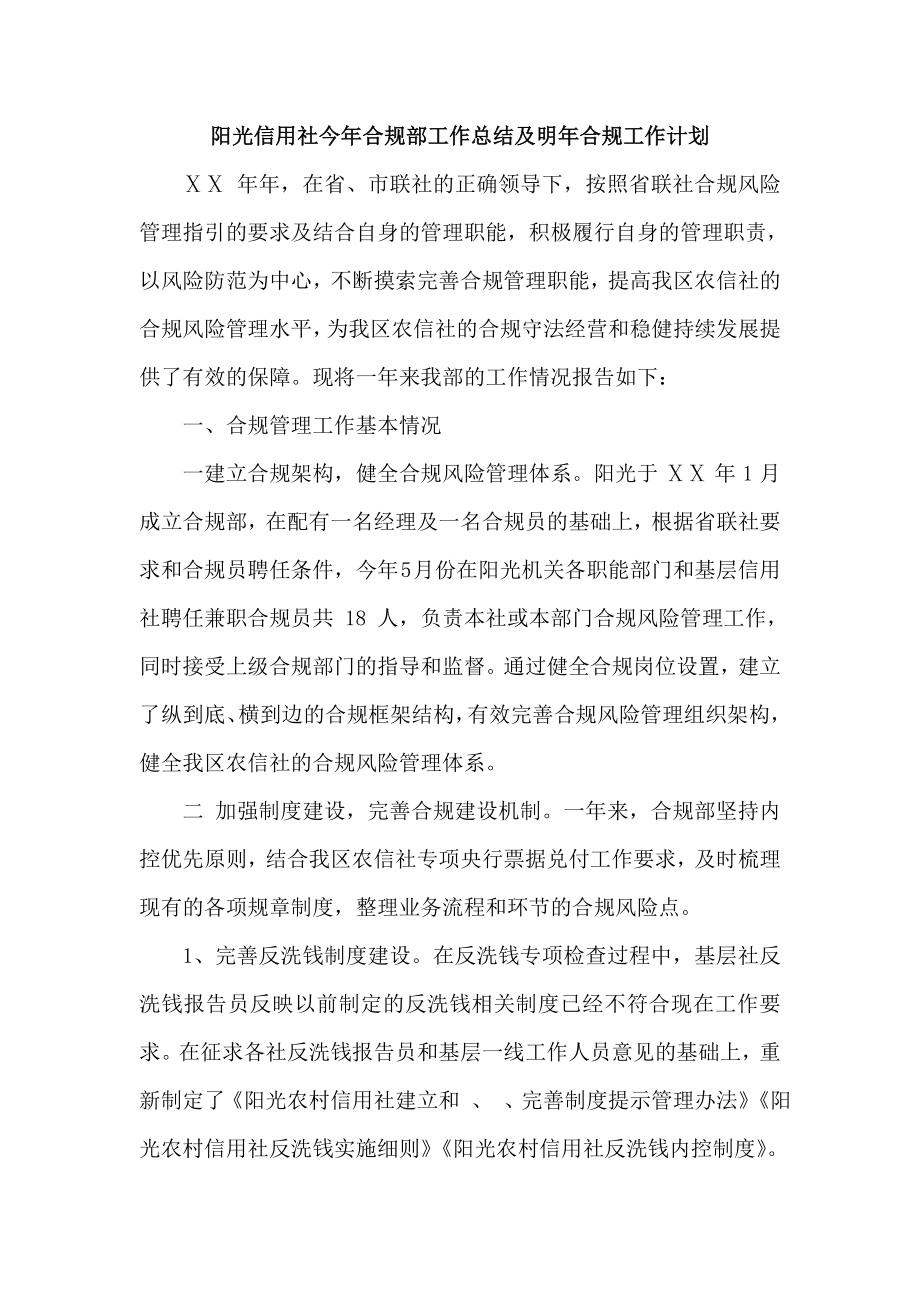 阳光信用社今合规部工作总结及明合规工作计划.doc_第1页