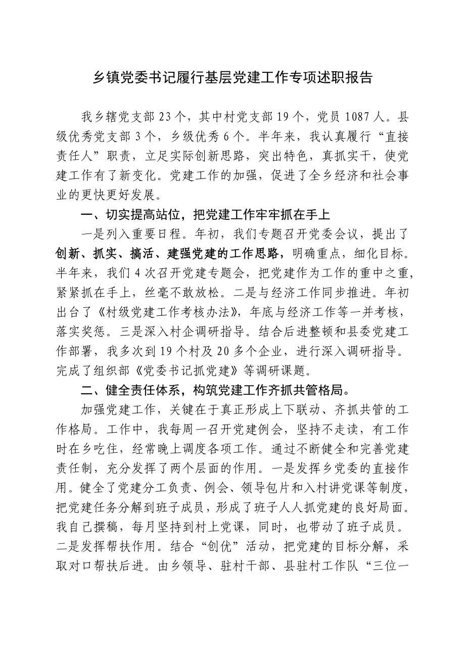 乡镇党委书记履行基层党建工作专项述职报告1.doc_第1页