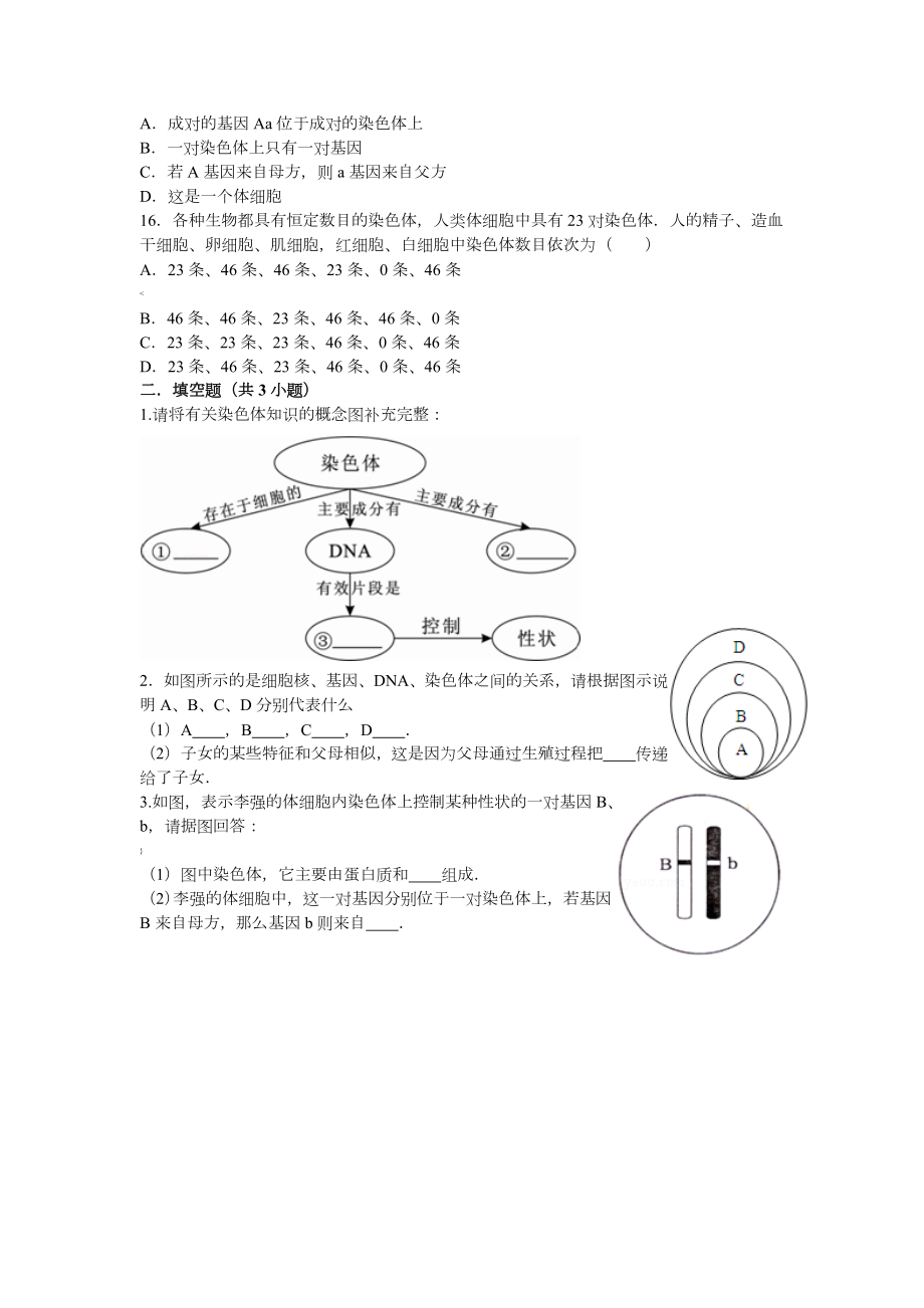 第二节基因在亲子代间的传递练习题.doc_第3页