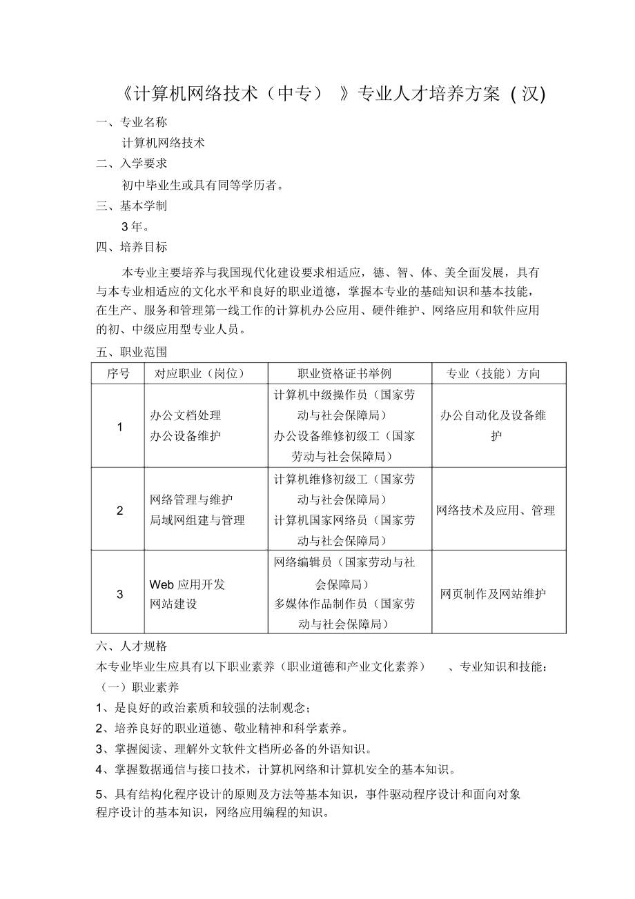 计算机网络技术专业(中专)人才培养方案(汉).doc_第1页