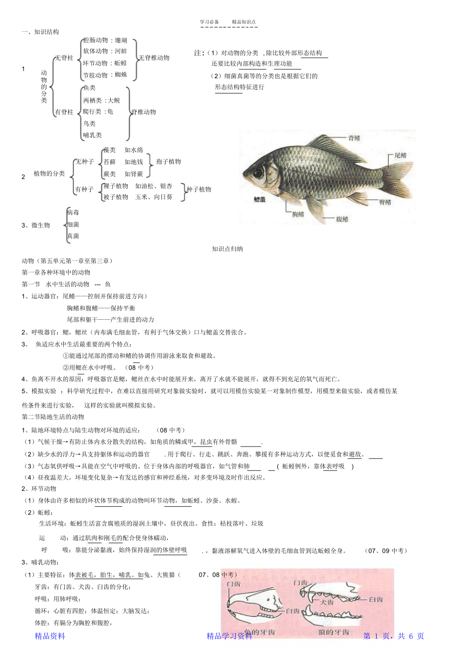 最完整人教版八年级生物上册知识点总结(全面).docx_第1页