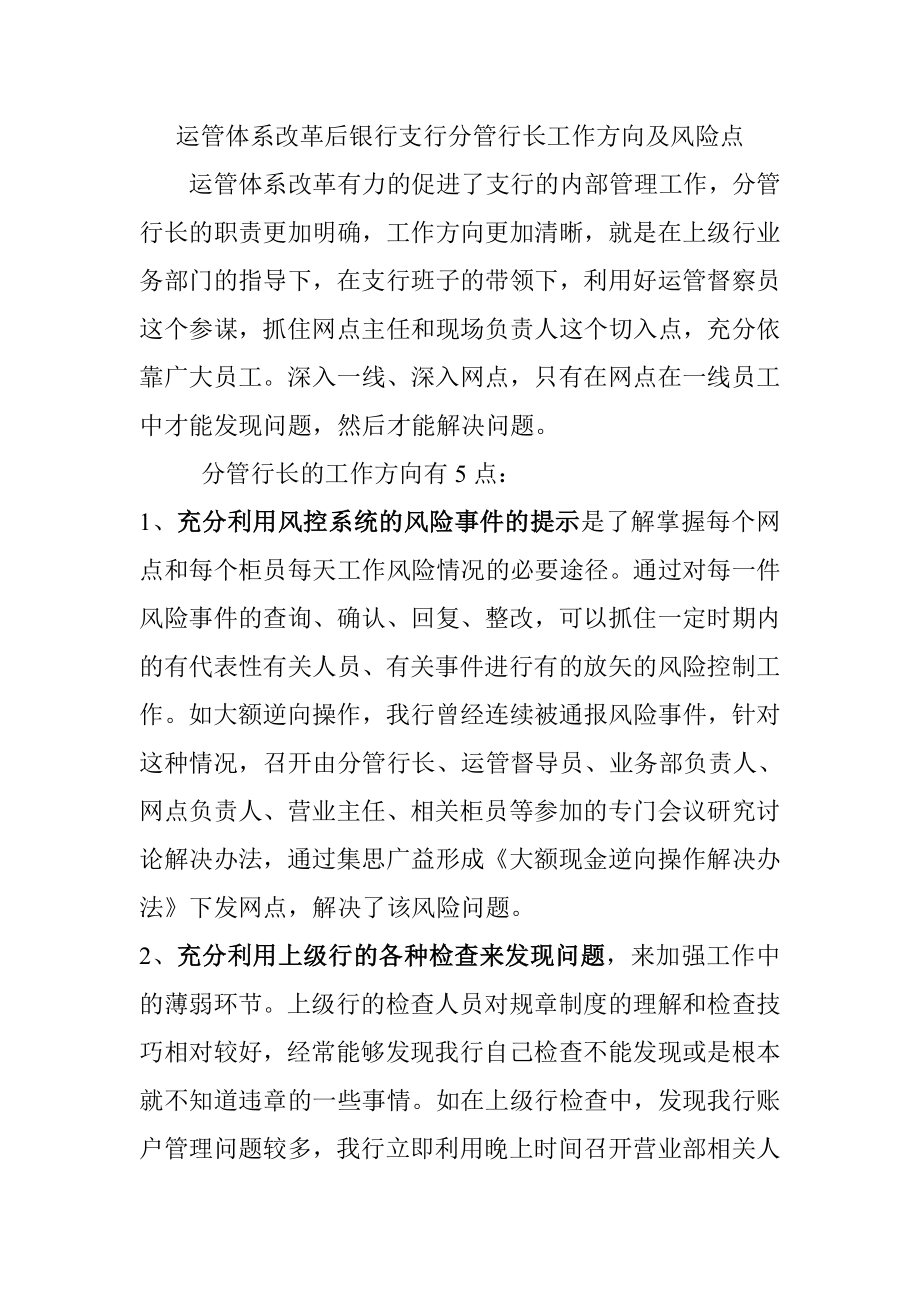 运管体系改革后银行支行分管行长工作方向及风险点.doc_第1页