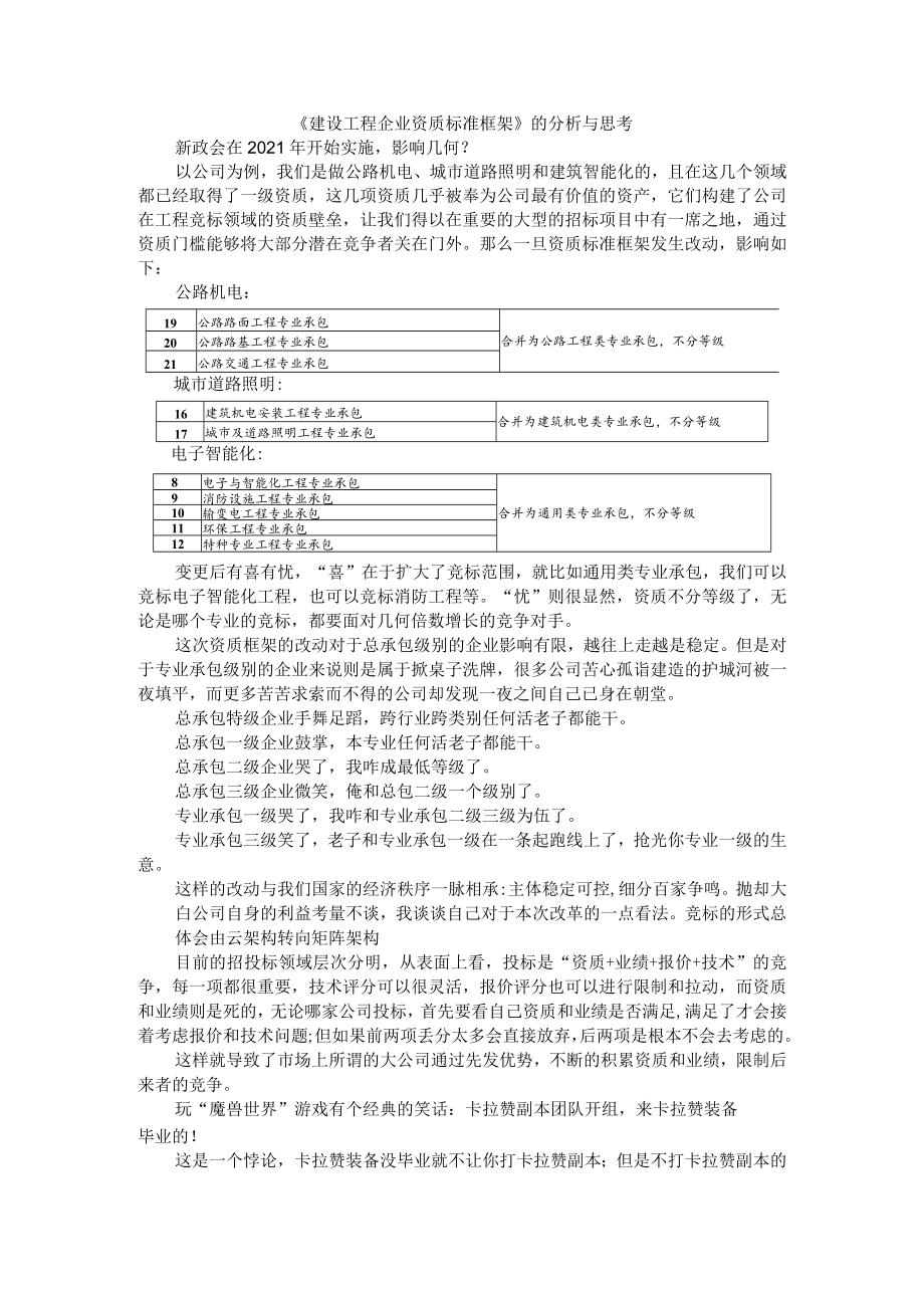 《建设工程企业资质标准框架》的分析与思考（企业资质标准框架分析和看法）.docx_第1页