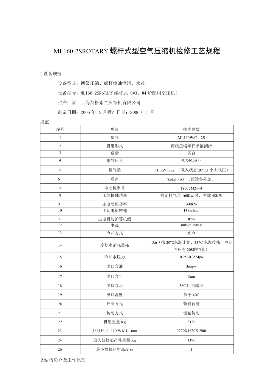 MLl60-2S ROTARY螺杆式型空气压缩机检修工艺规程.docx_第1页