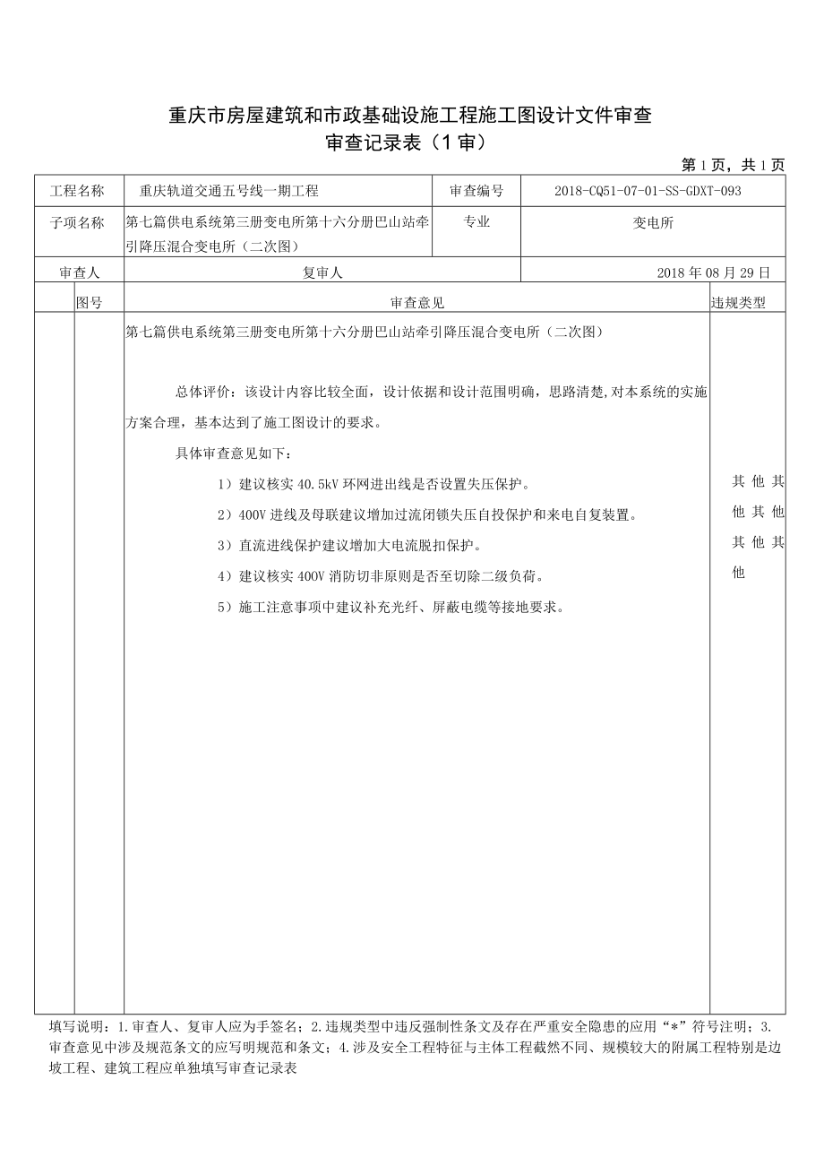 20180829-2018-CQ5I-07-01-SS-GDXT-093 第七篇 供电系统 第三册变电所 第十六分册巴山站牵引降压混合变电所（二次图）.docx_第1页