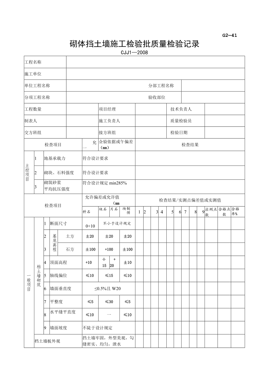 G2—41砌体挡土墙施工检验批质量检验记录.docx_第1页