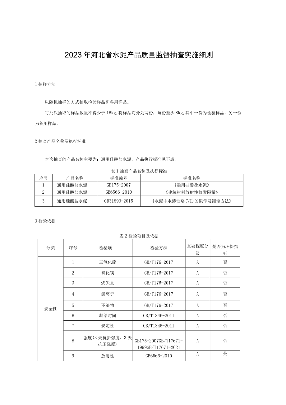 2023年河北省水泥产品质量监督抽查实施细则.docx_第1页