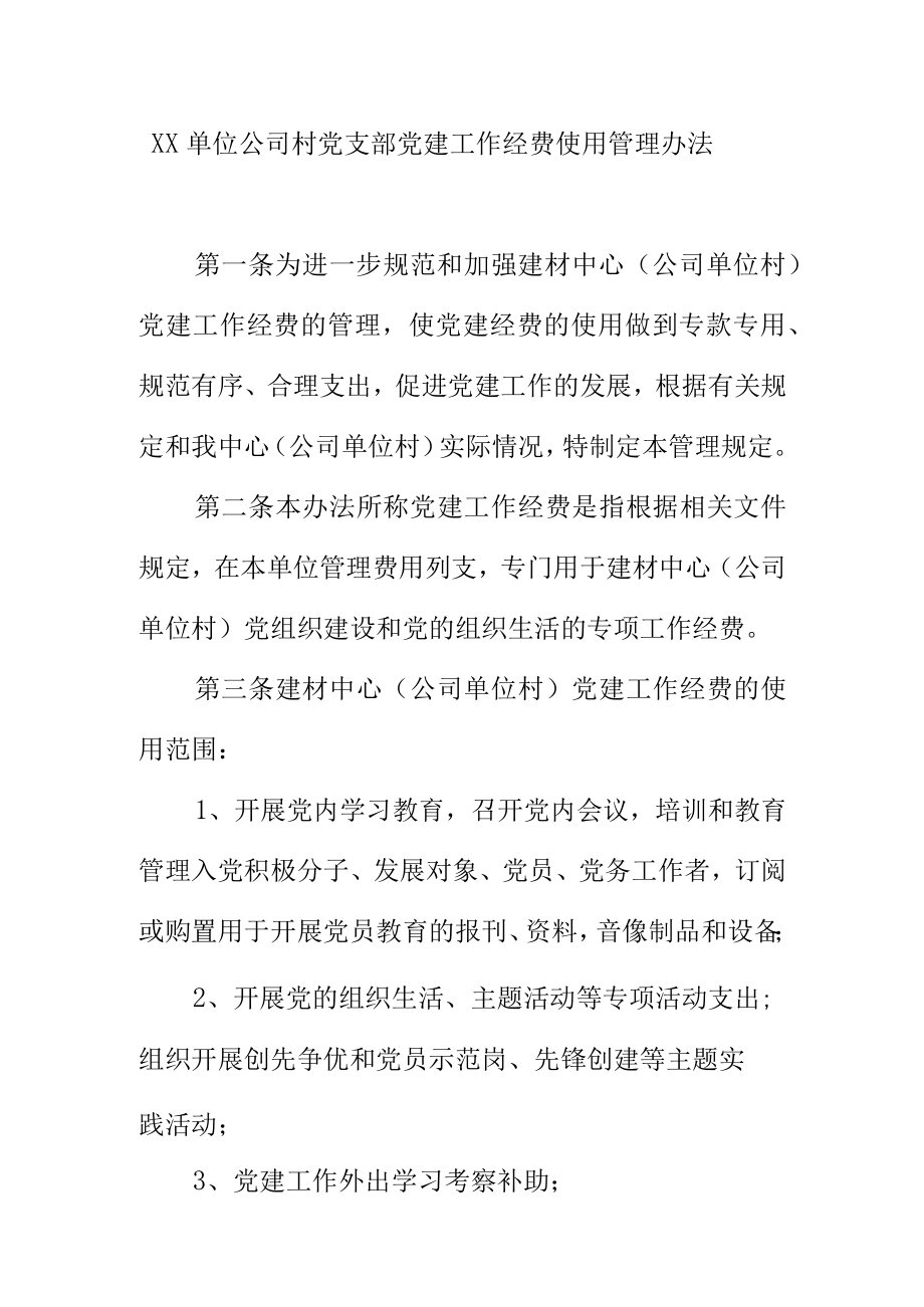 XX单位公司村党支部党建工作经费使用管理办法.docx_第1页