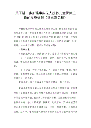 关于进一步加强事实无人抚养儿童保障工作的实施细则(征求.docx