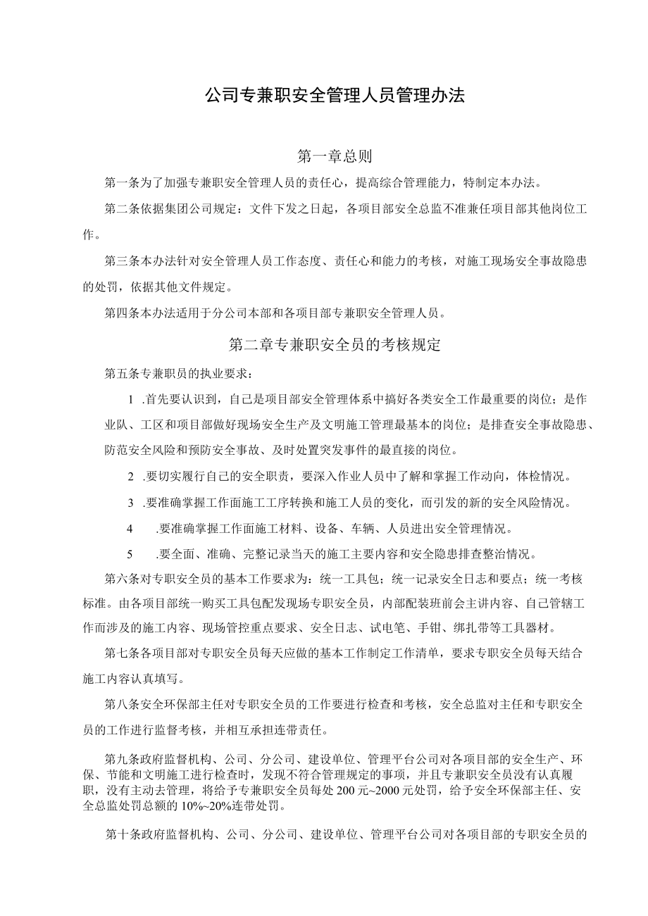 公司专职安全管理人员管理办法.docx_第1页