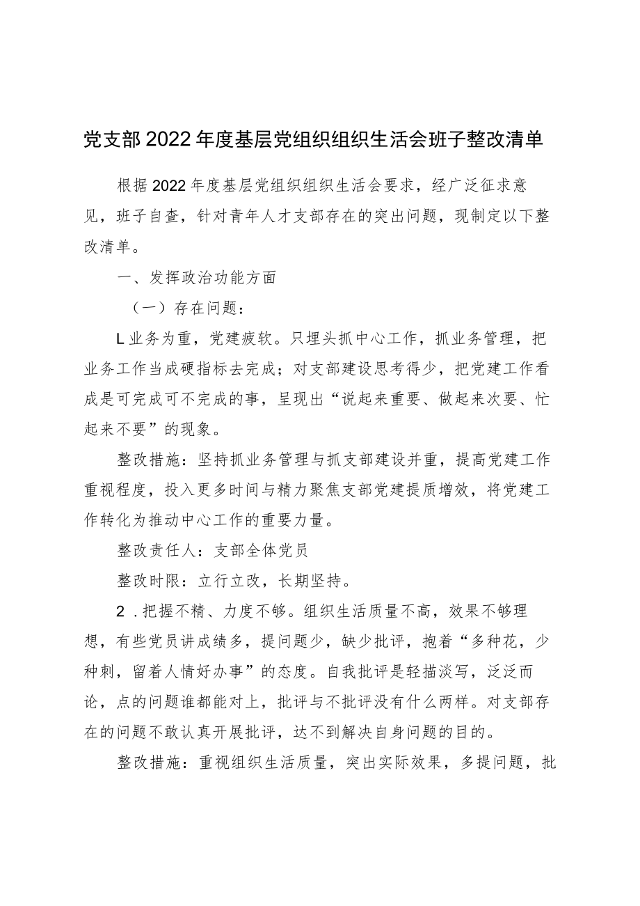 党支部2022年度基层党组织组织生活会班子整改清单.docx_第1页