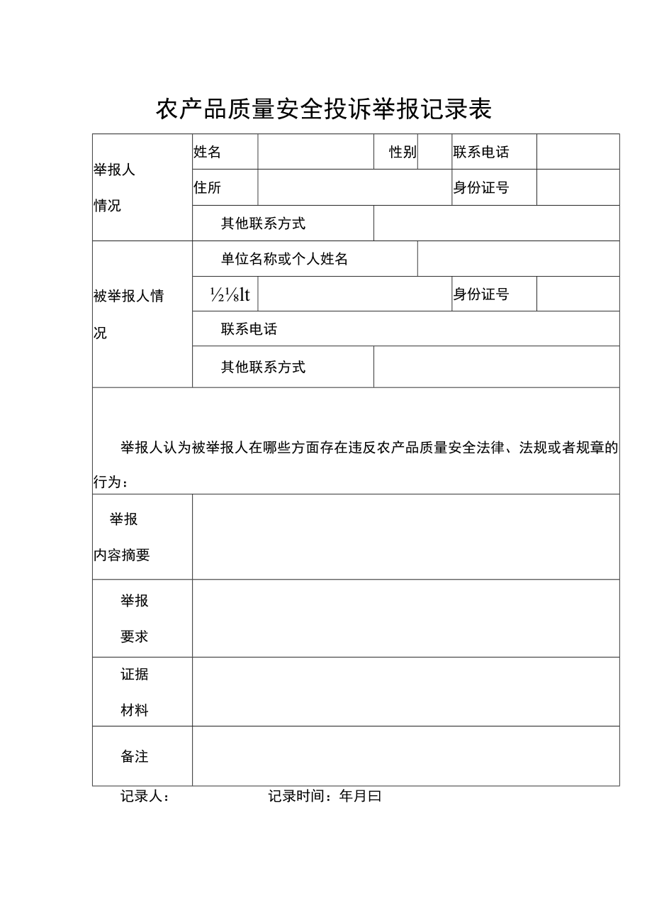 农产品质量安全投诉举报记录表.docx_第1页