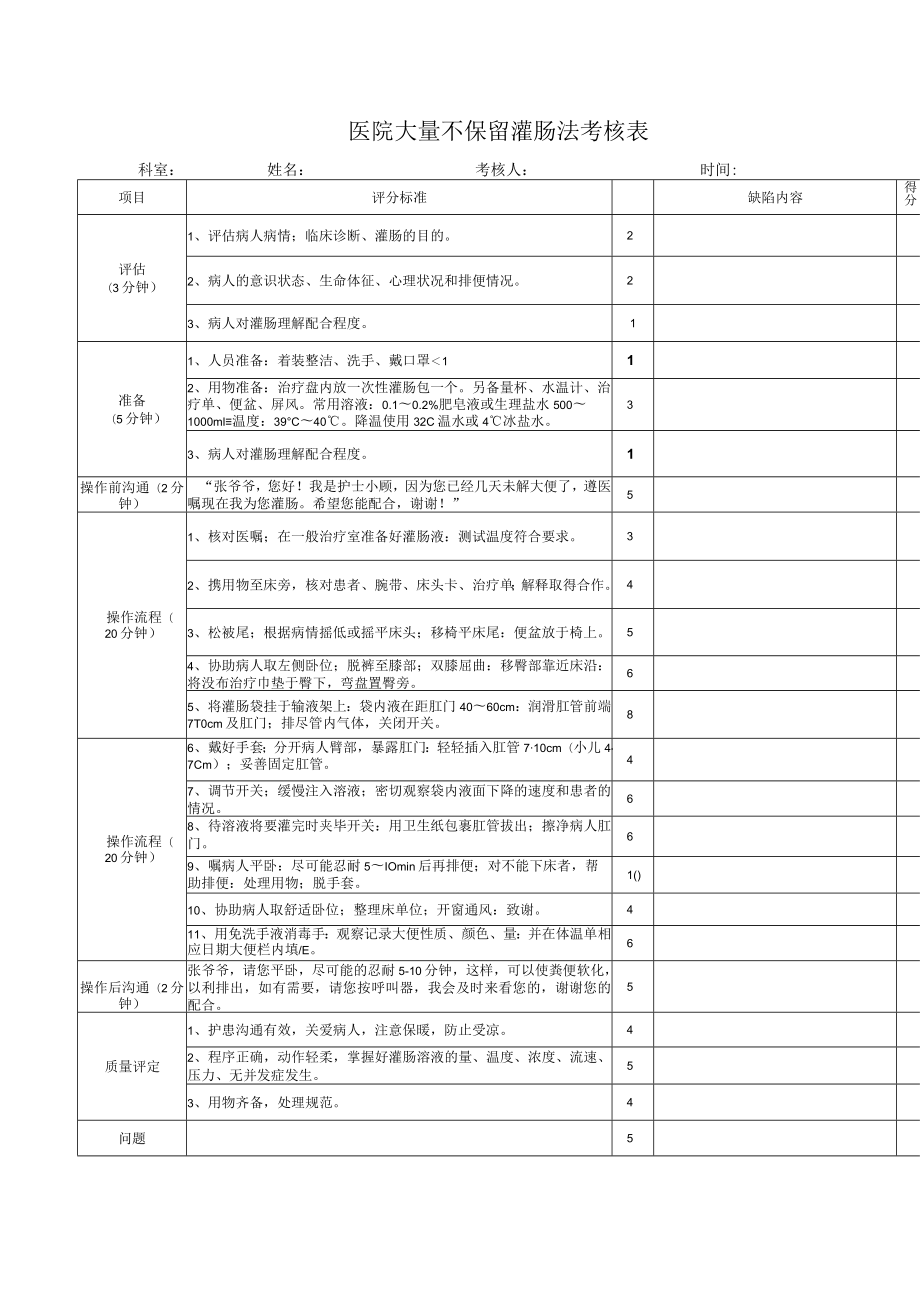 医院大量不保留灌肠法考核表.docx_第1页