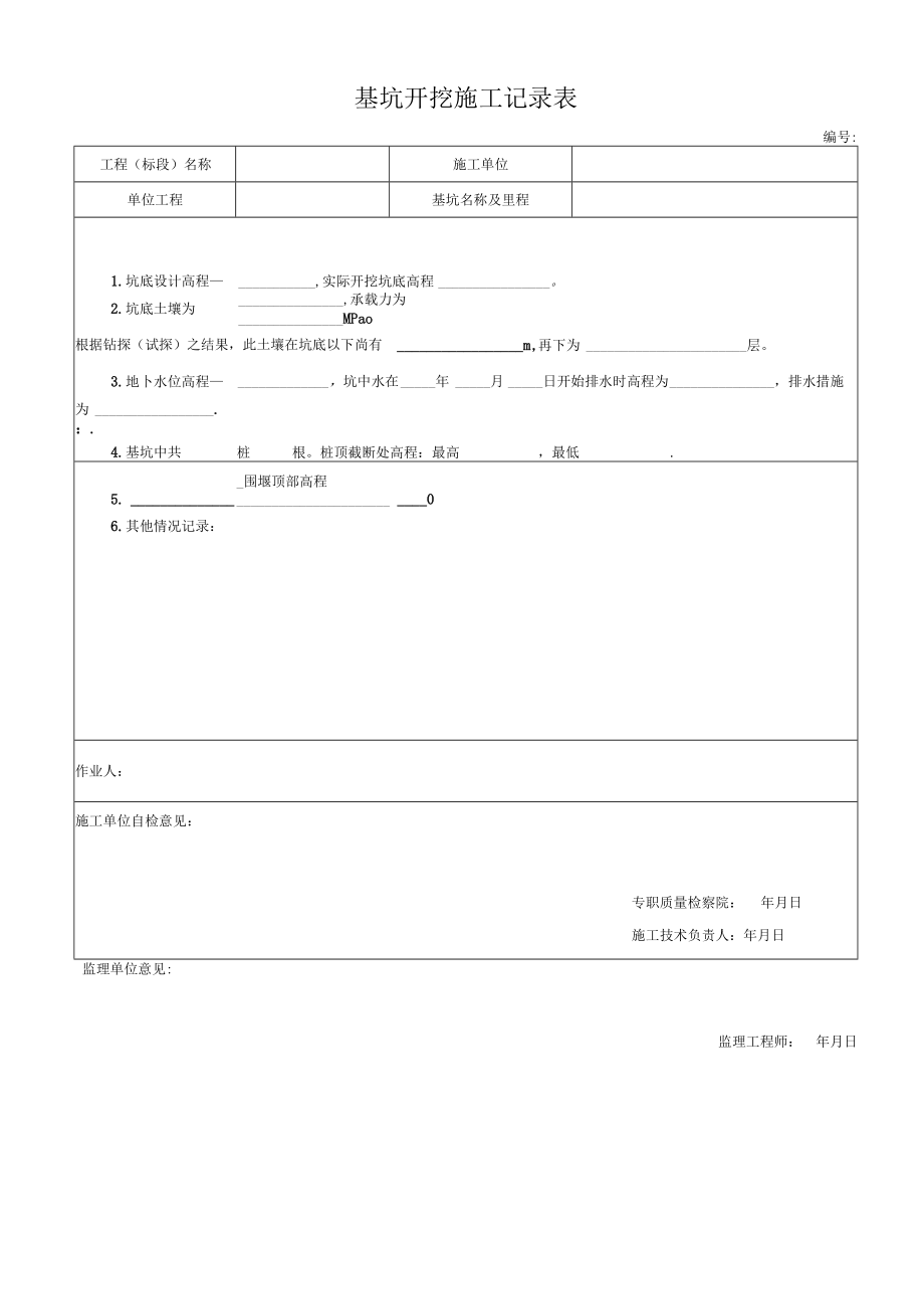 基坑开挖施工记录表.docx_第1页