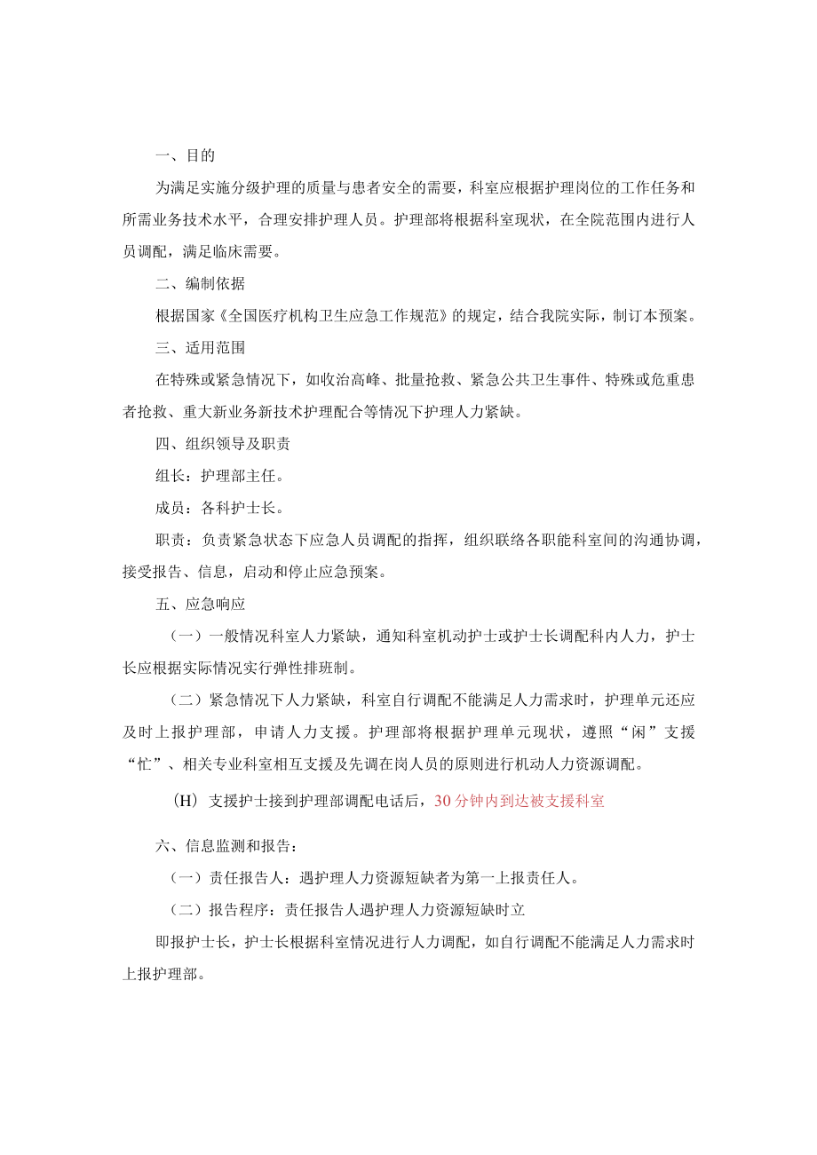 医院紧急状态下护理人力资源调配应急预案.docx_第1页