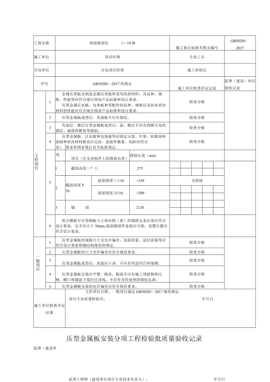 压型金属板安装分项工程检验批质量验收记录.docx_第1页