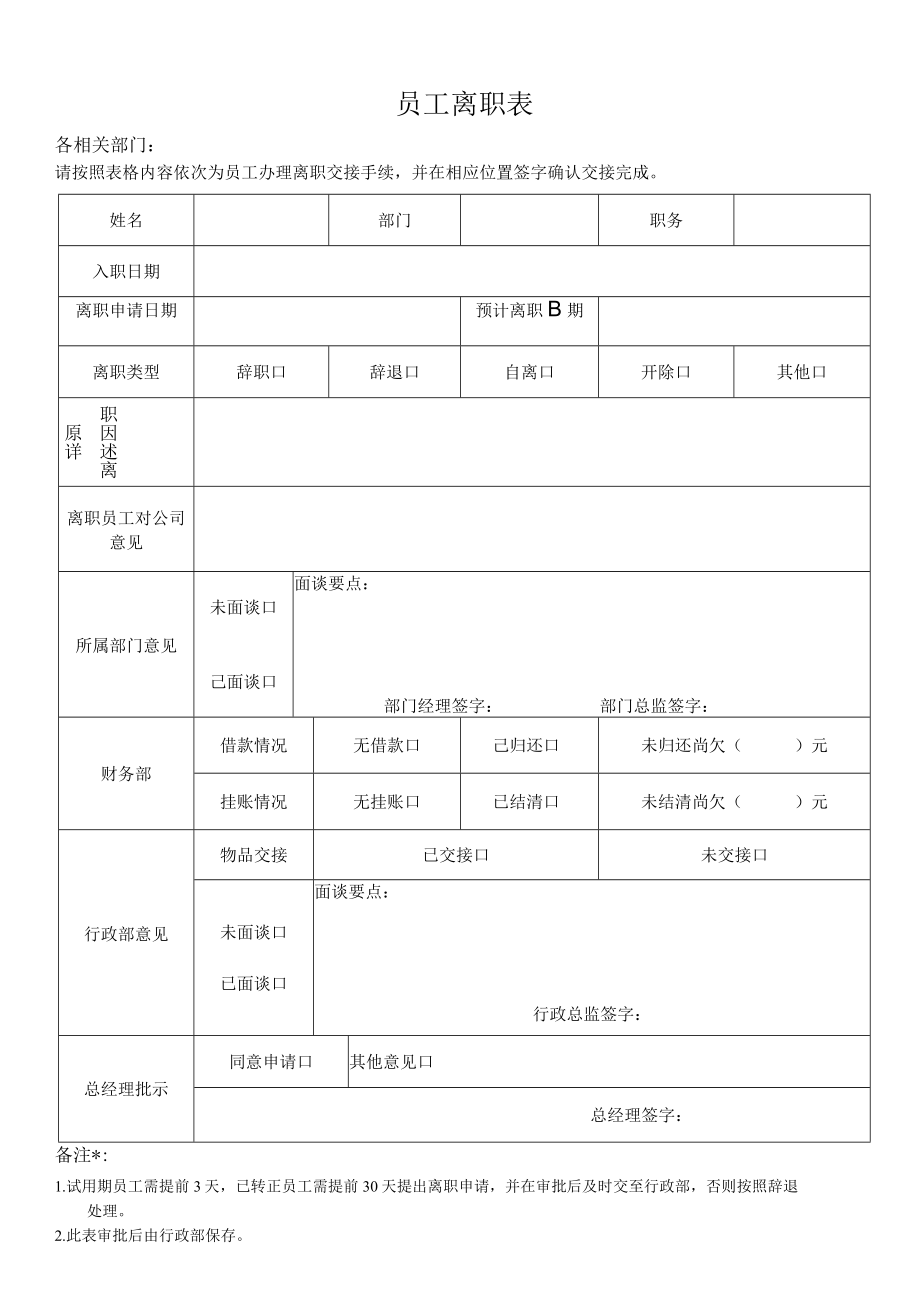 员工离职表（标准模版）.docx_第1页