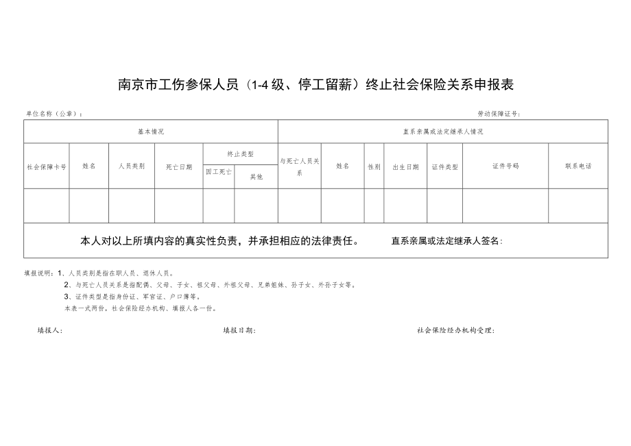 南京市工伤参保人员(1-4级、停工留薪）终止社会保险关系申报表.docx_第1页