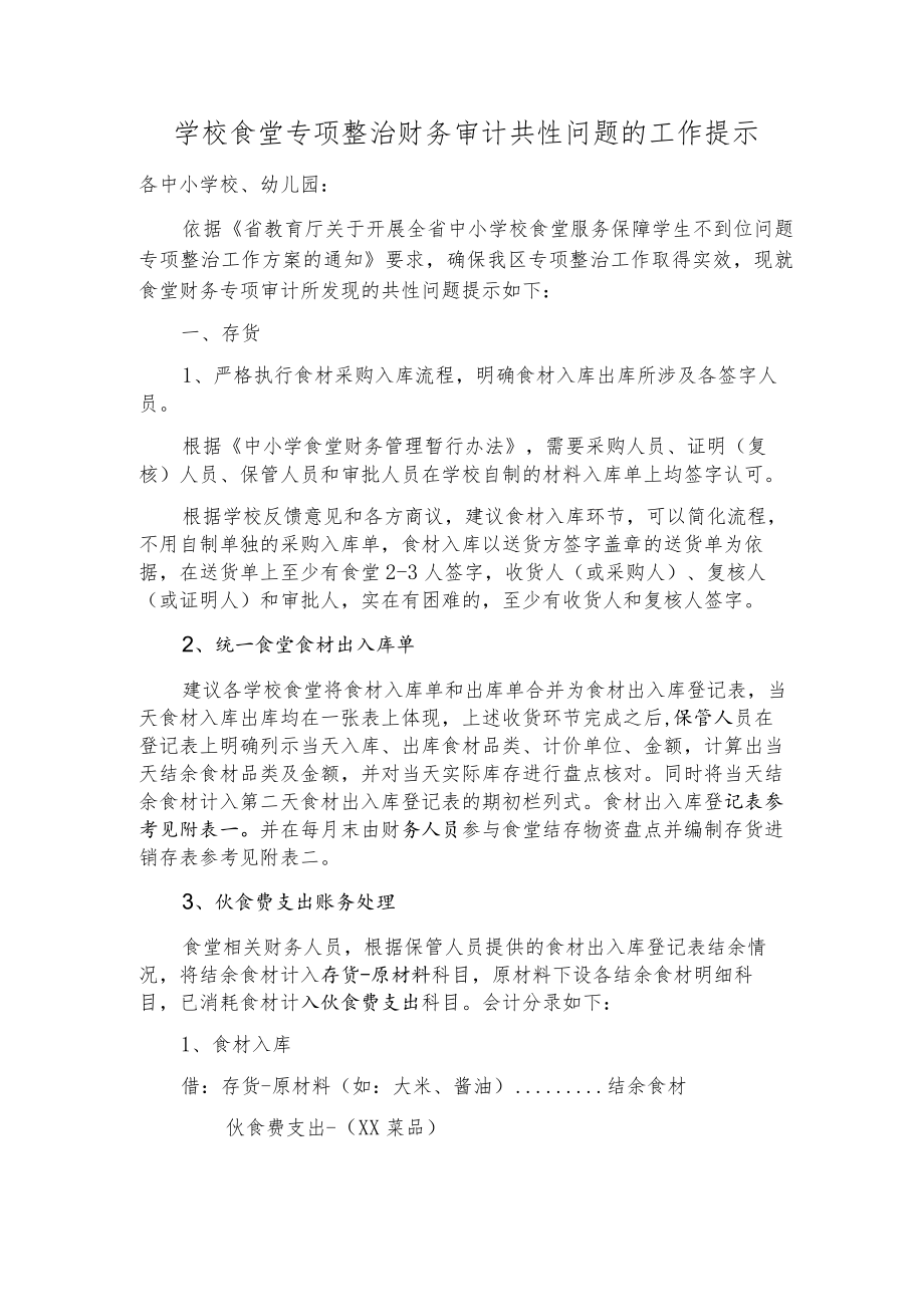 学校食堂专项整治财务审计共性问题的工作提示.docx_第1页