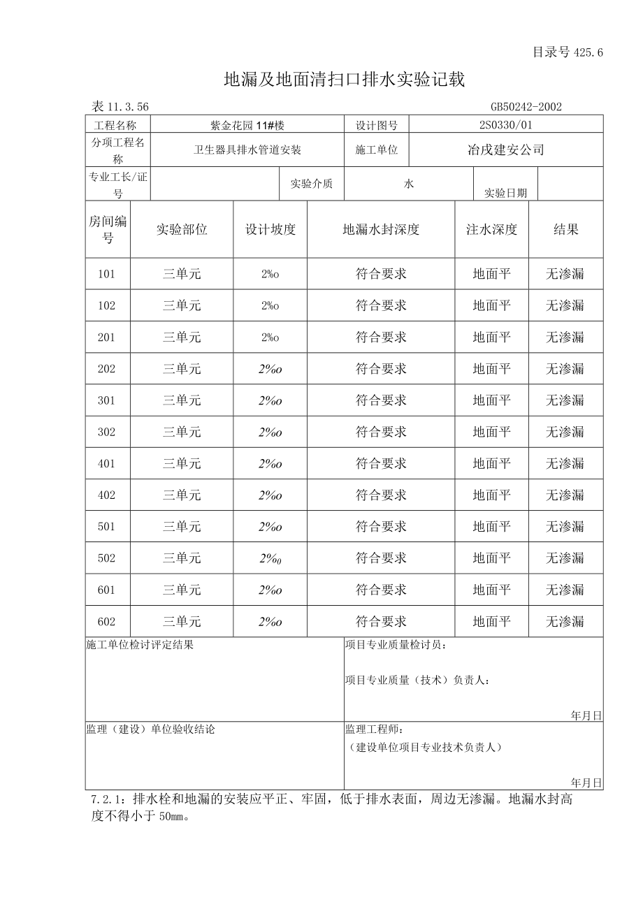 地漏及地面清扫口排水实验记录.docx_第1页