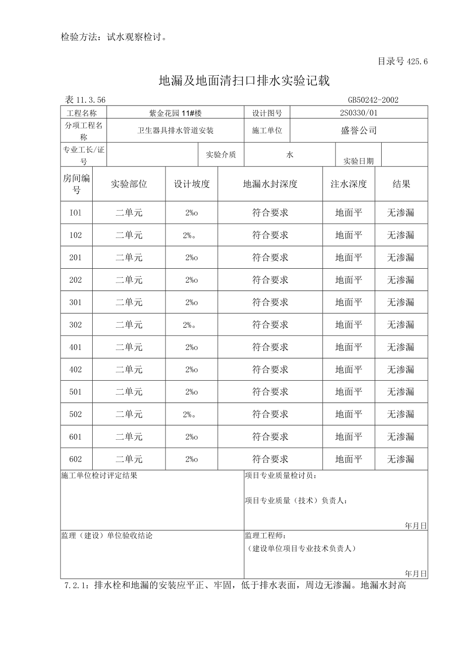 地漏及地面清扫口排水实验记录.docx_第2页