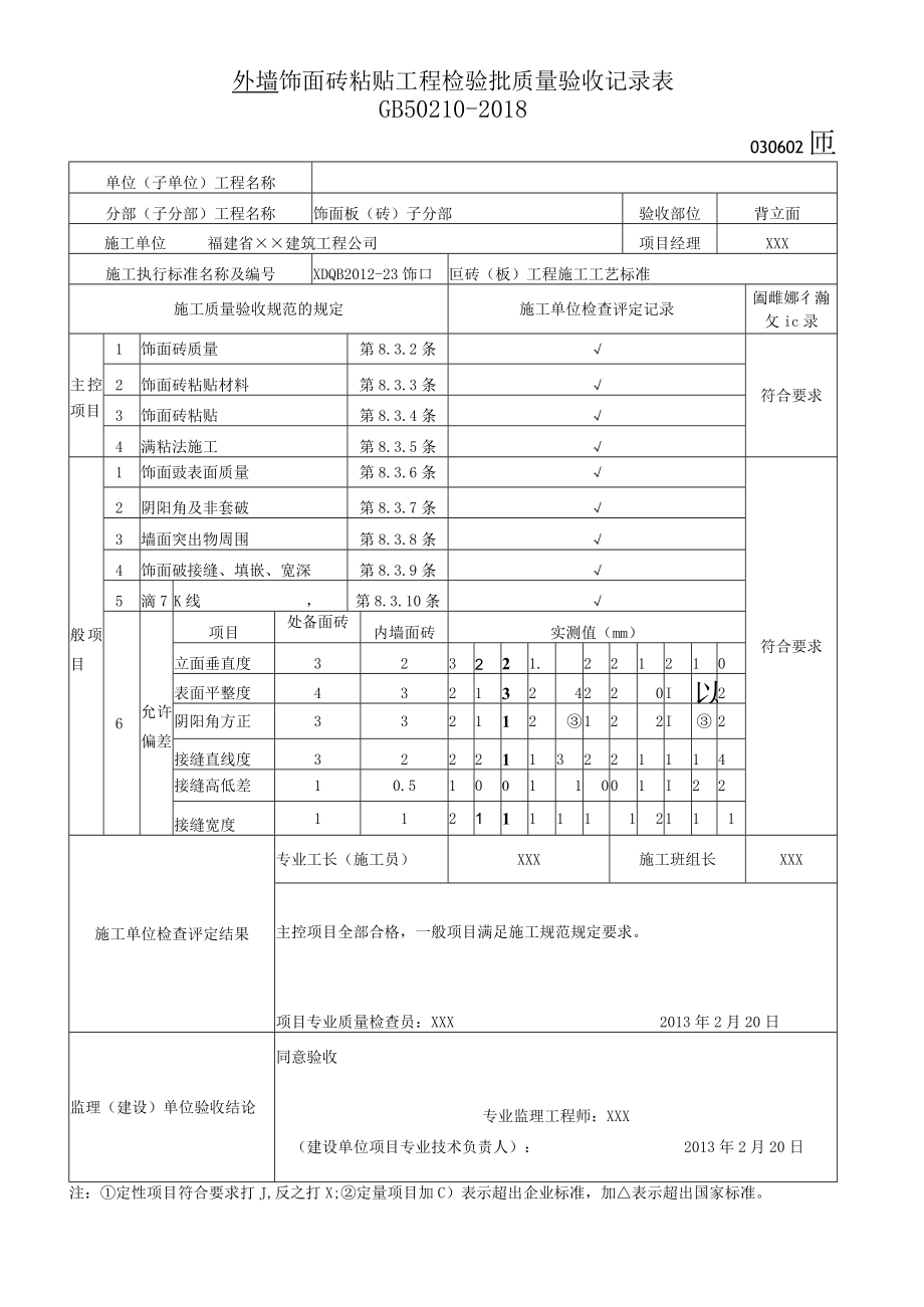 外 墙 饰面砖粘贴工程检验批质量验收记录表.docx_第1页