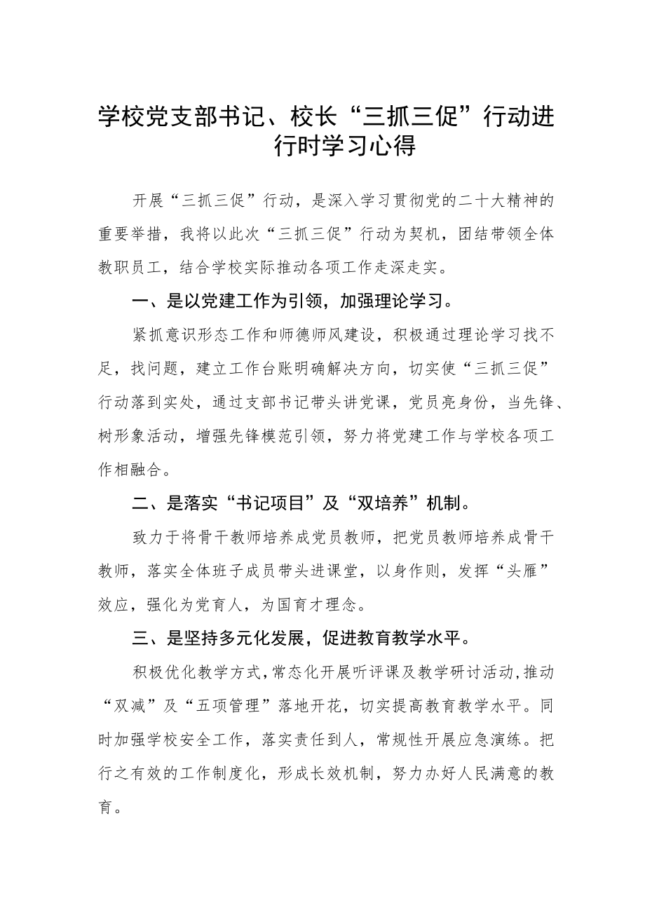 学校党支部书记、校长“三抓三促”行动进行时学习心得.docx_第1页