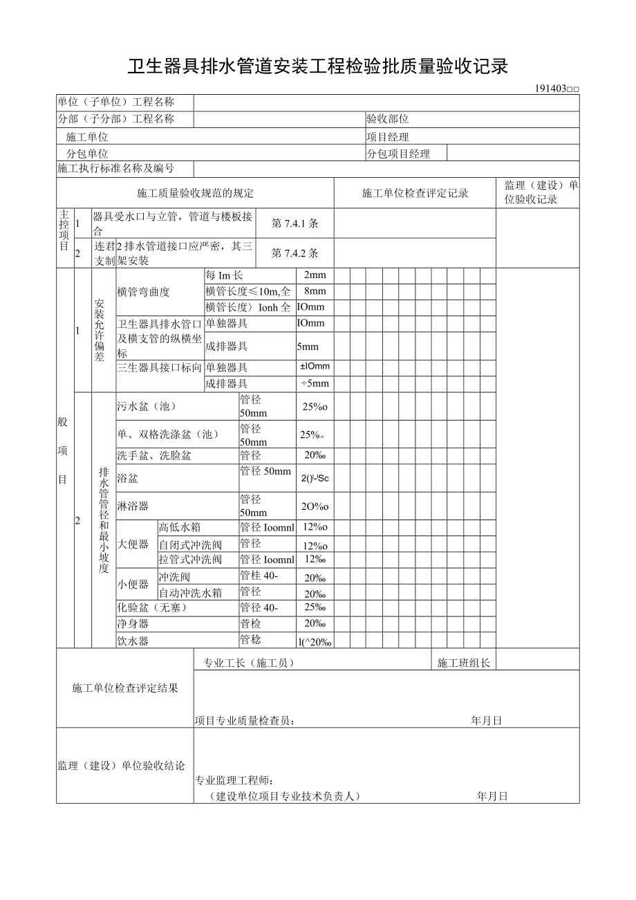 卫生器具排水管道安装工程检验批质量验收记录.docx_第1页