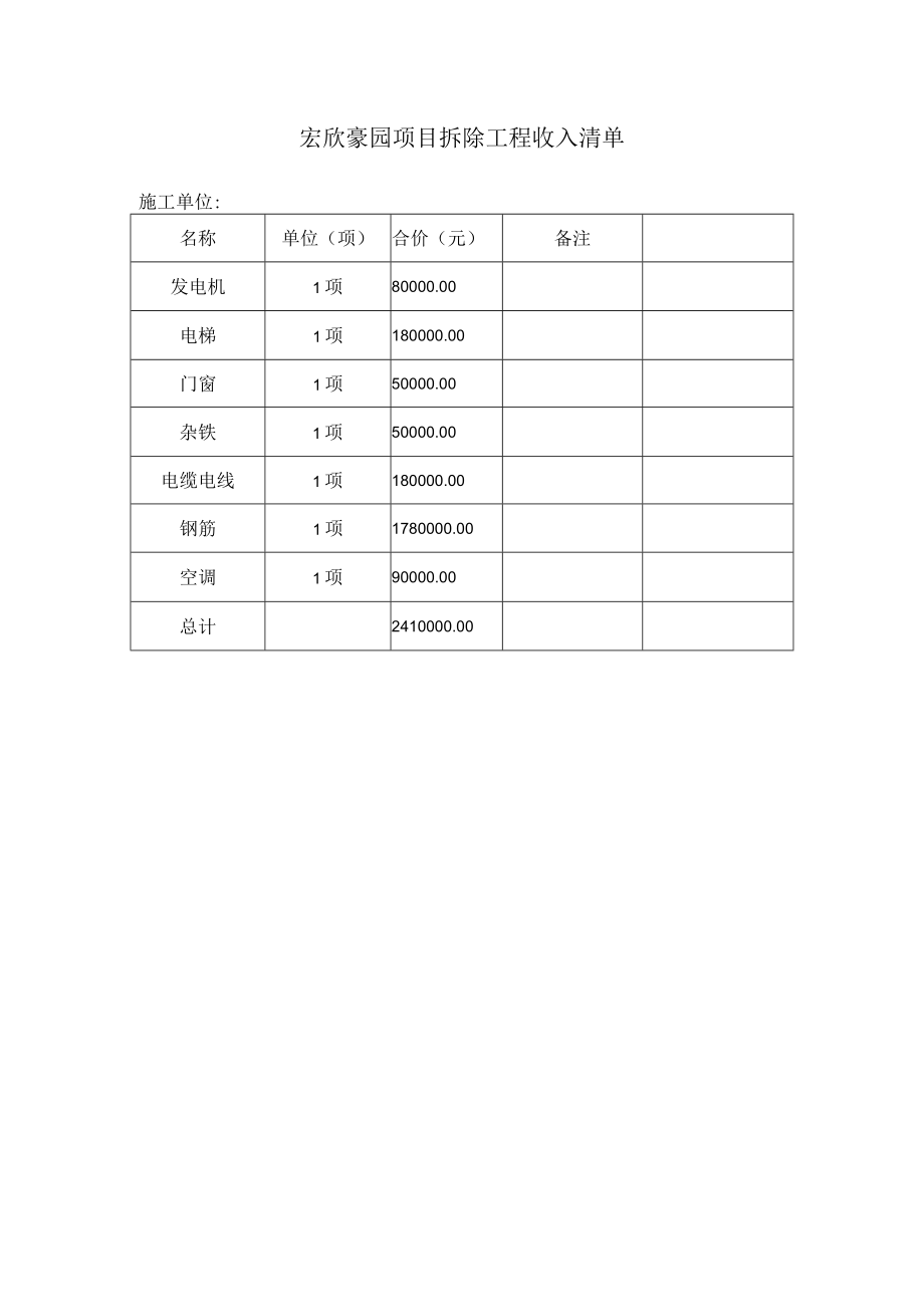 拆除项目收入清单.docx_第1页