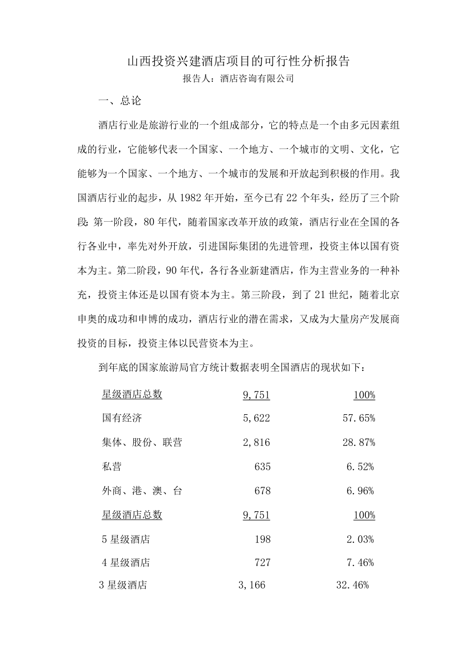 投资山西兴建酒店项目的可行性分析报告.docx_第1页