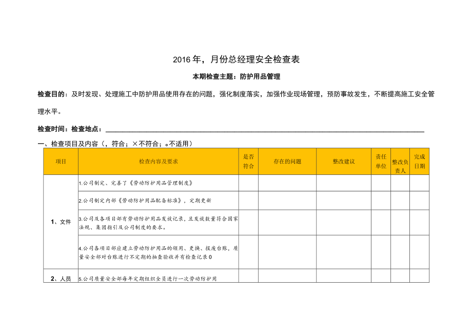 工程管理中心2017年3月份总经理安全检查表-防护用品管理）.docx_第1页