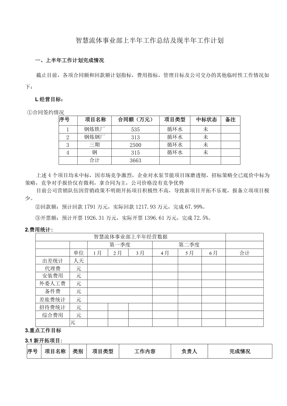 智慧流体事业部（水泵）上半年总结及下半年工作计划.docx_第1页