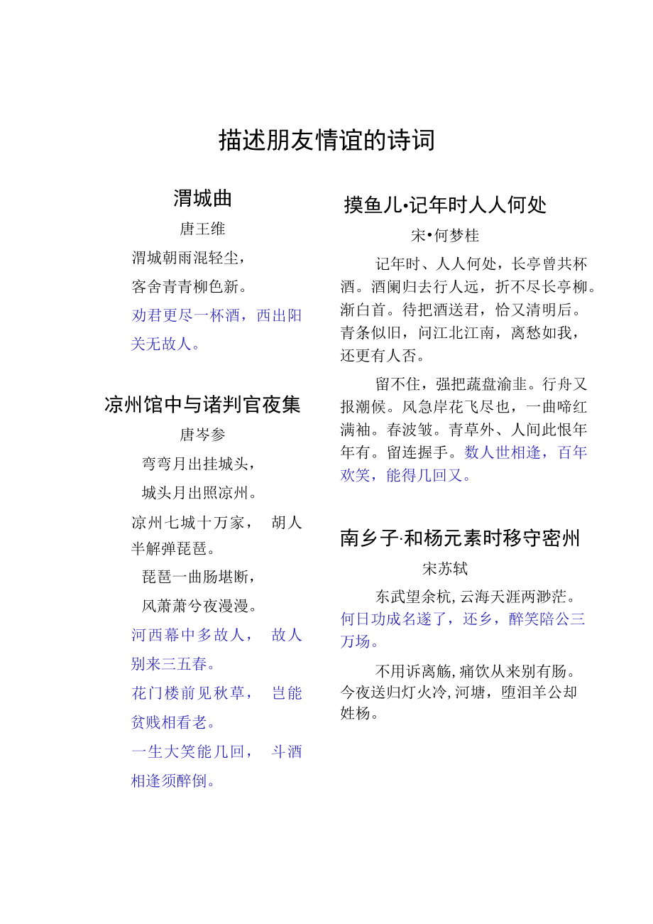 描述朋友情谊的诗词.docx_第1页