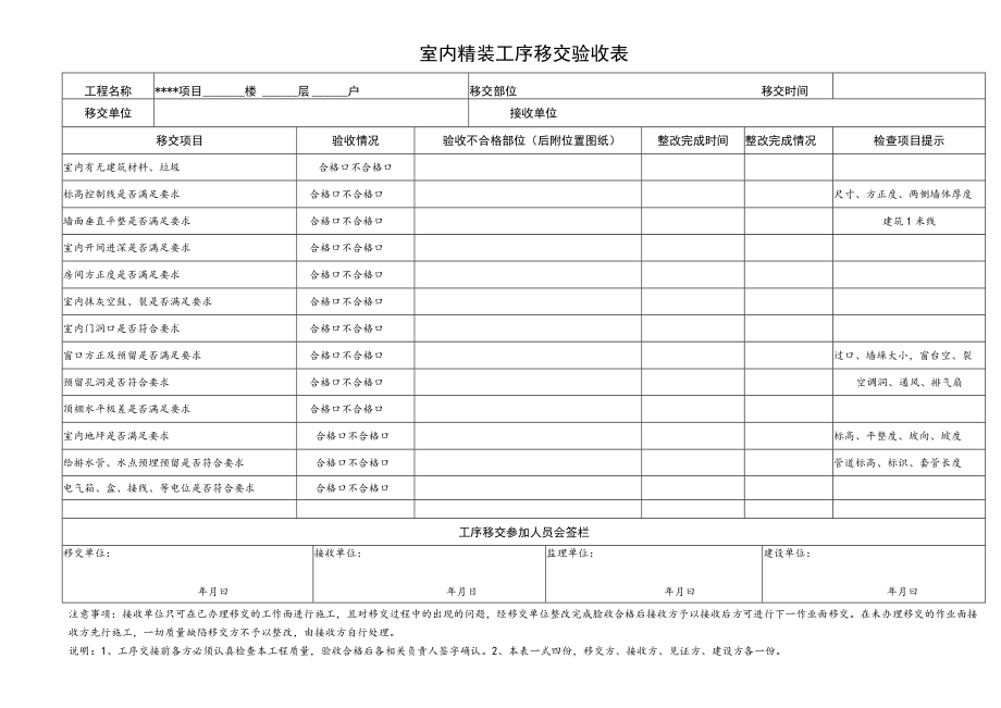 室内精装工序移交验收表.docx_第1页