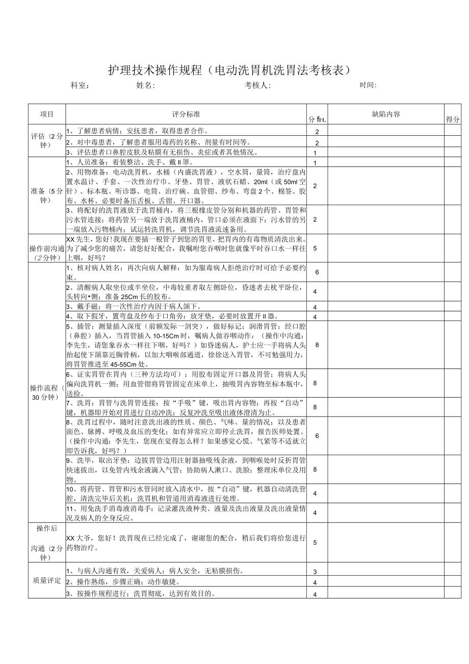 护理技术操作规程（电动洗胃机洗胃法考核表）.docx_第1页