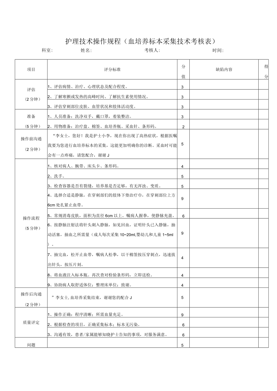 护理技术操作规程（血培养标本采集技术考核表）.docx_第1页