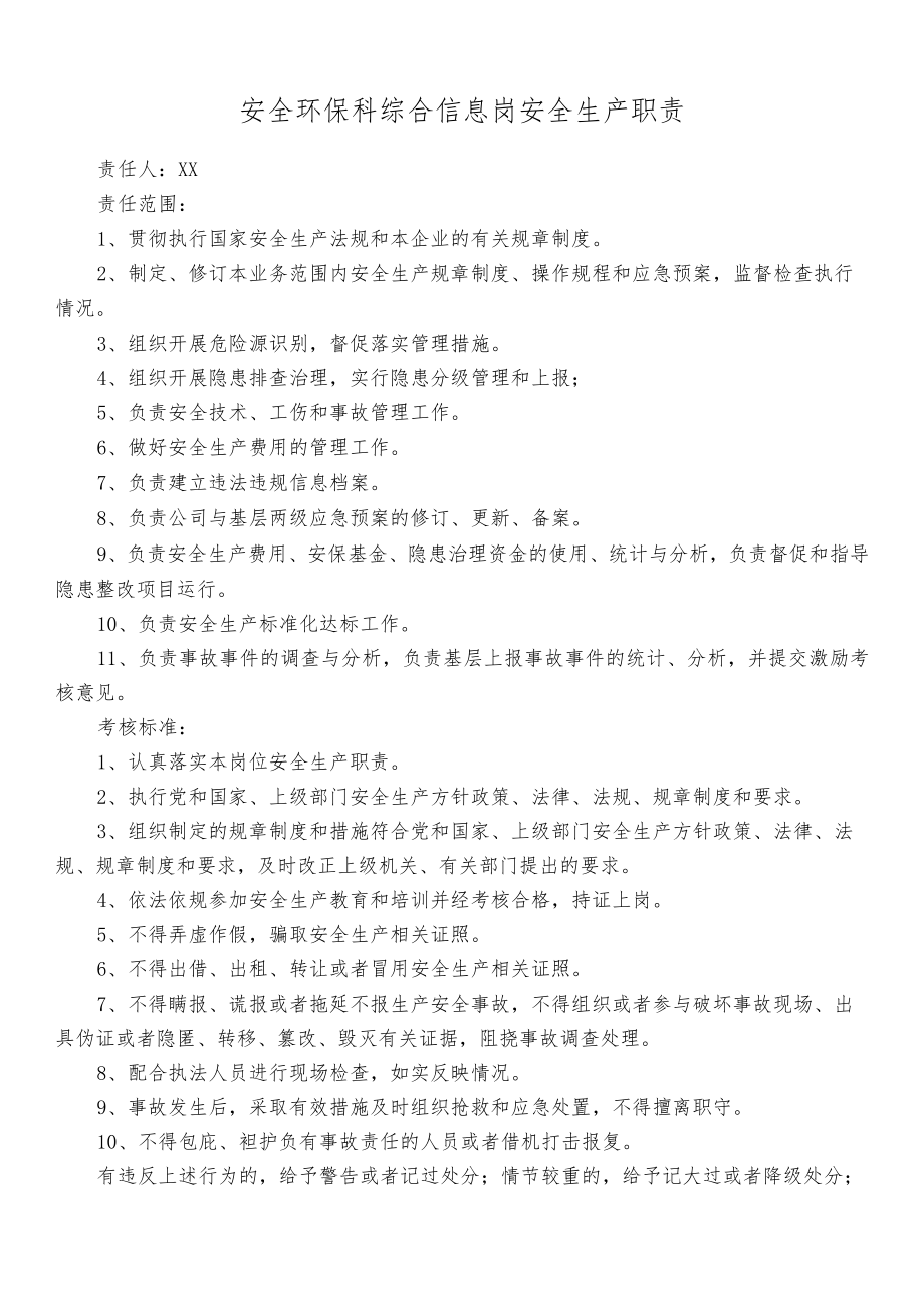 安全环保科综合信息岗安全生产职责.docx_第1页